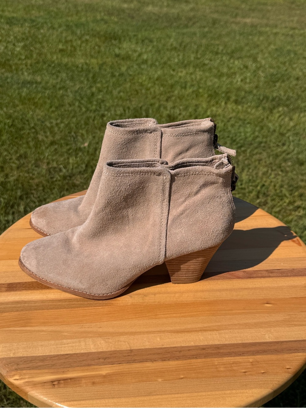 Ladies Taupe Suede Ankle Boots - Stylish Zip-Heel Booties